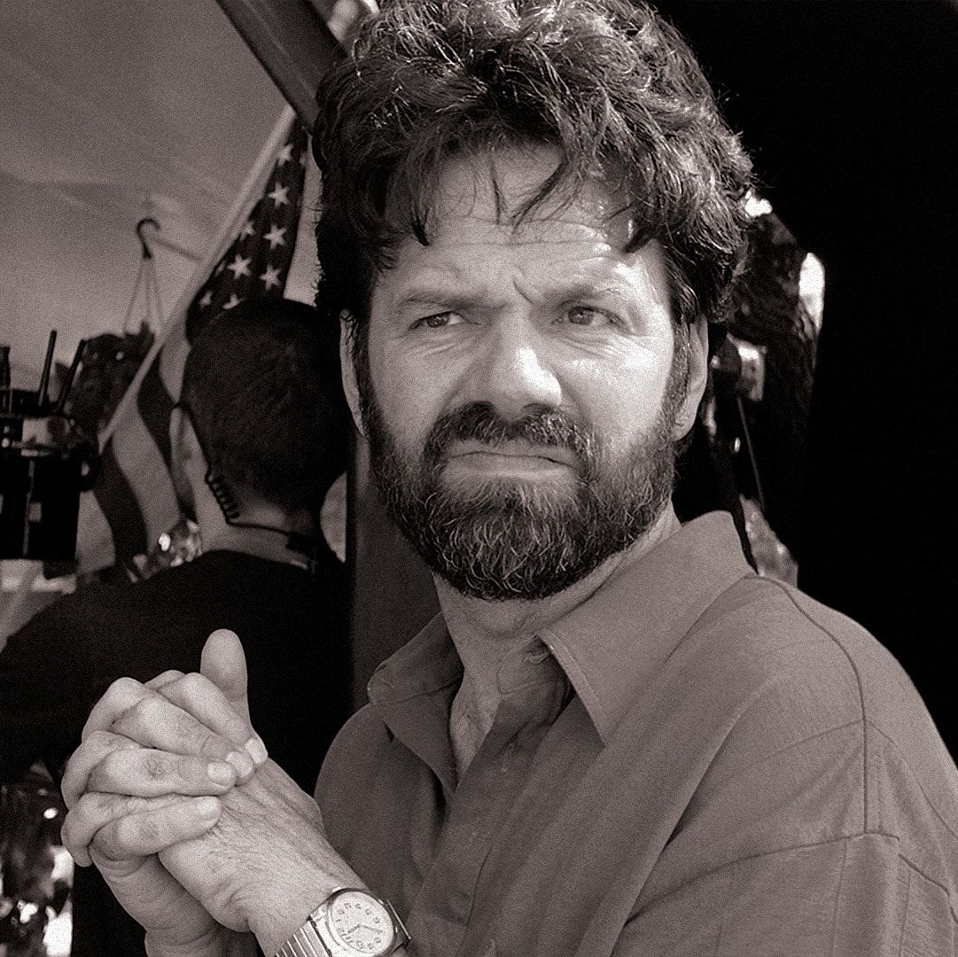 Brian Villalobos between takes, in black and white